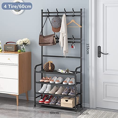 Coat Rack Shoe Bench, Entryway Coat Shoe Rack Organizer, 4-tier Shoe Bench with 8 Hooks Hanging, Storage Shelves, Multifunctional Hallway Furniture Organizer (black)