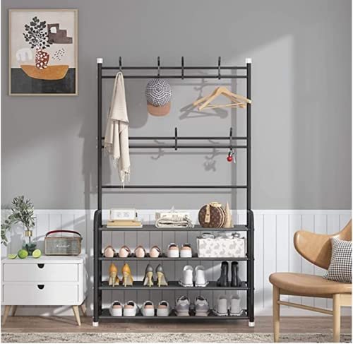 Coat Rack Shoe Bench, Entryway Coat Shoe Rack Organizer, 4-tier Shoe Bench with 8 Hooks Hanging, Storage Shelves, Multifunctional Hallway Furniture Organizer (black)