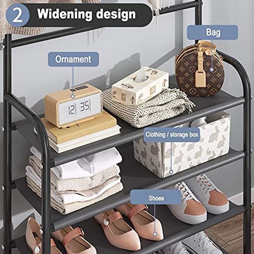 Coat Rack Shoe Bench, Entryway Coat Shoe Rack Organizer, 4-tier Shoe Bench with 8 Hooks Hanging, Storage Shelves, Multifunctional Hallway Furniture Organizer (black)