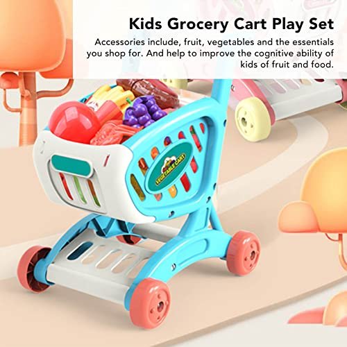 Kids Grocery Cart Play Set, Kids Shopping Trolley Set Food Items Fruit Vegetables Safe Educational for Home (Blue)