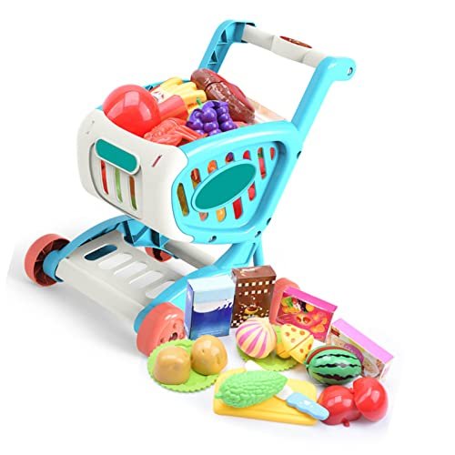 Kids Grocery Cart Play Set, Kids Shopping Trolley Set Food Items Fruit Vegetables Safe Educational for Home (Blue)