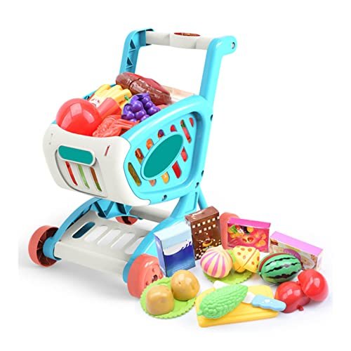 Kids Grocery Cart Play Set, Kids Shopping Trolley Set Food Items Fruit Vegetables Safe Educational for Home (Blue)