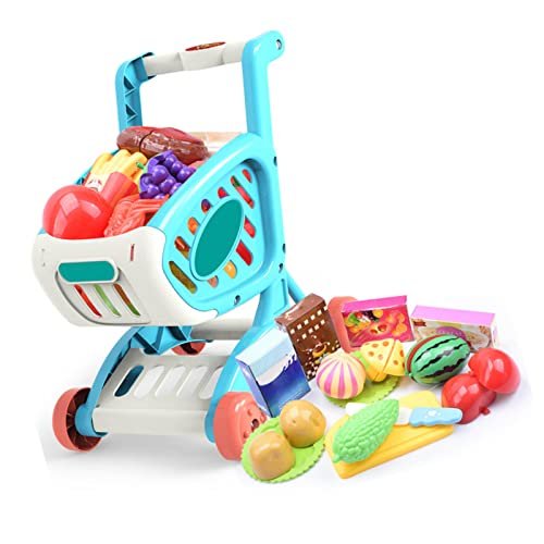 Kids Grocery Cart Play Set, Kids Shopping Trolley Set Food Items Fruit Vegetables Safe Educational for Home (Blue)