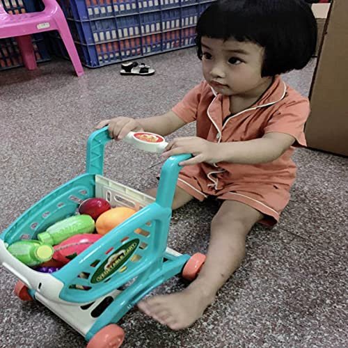 Kids Grocery Cart Play Set, Kids Shopping Trolley Set Food Items Fruit Vegetables Safe Educational for Home (Blue)