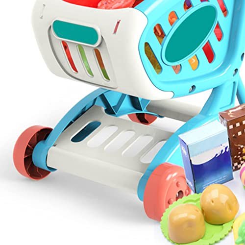 Kids Grocery Cart Play Set, Kids Shopping Trolley Set Food Items Fruit Vegetables Safe Educational for Home (Blue)
