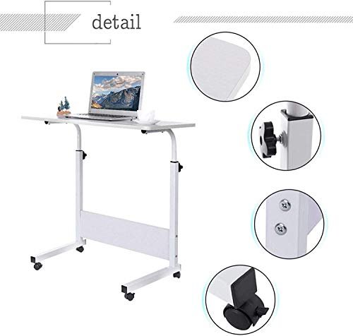 NC Qualife Laptop Table Computer Desk Overbed Table with Wheels&Pad Slot Movable Height Adjustable Bedside Table Stand for Bed, Sofa, Office (White Maple, 60 * 40cm)