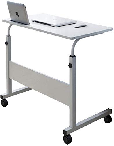 NC Qualife Laptop Table Computer Desk Overbed Table with Wheels&Pad Slot Movable Height Adjustable Bedside Table Stand for Bed, Sofa, Office (White Maple, 60 * 40cm)