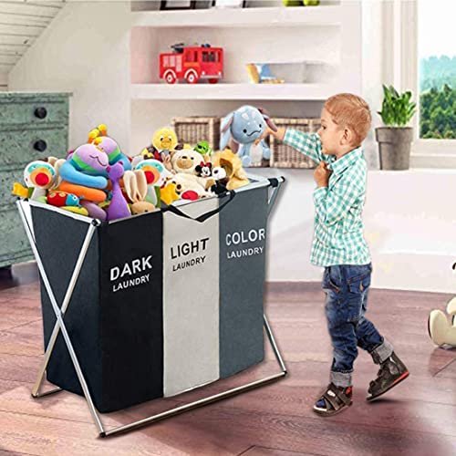 BePrincess Laundry Basket Clothes Hamper 135L 3 Sections Clothe Sorter Bin,Foldable Waterproof Organizer Bag with Aluminum Frame,Washing Storage, for Bathroom Washroom Bedroom