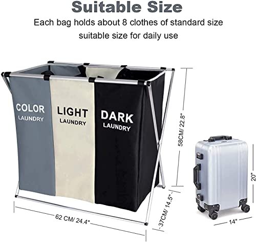 BePrincess Laundry Basket Clothes Hamper 135L 3 Sections Clothe Sorter Bin,Foldable Waterproof Organizer Bag with Aluminum Frame,Washing Storage, for Bathroom Washroom Bedroom