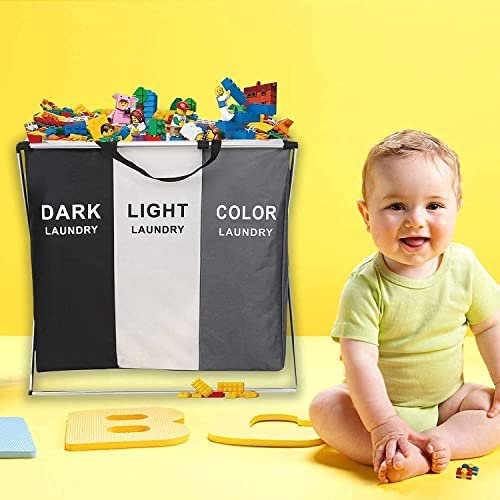 BePrincess Laundry Basket Clothes Hamper 135L 3 Sections Clothe Sorter Bin,Foldable Waterproof Organizer Bag with Aluminum Frame,Washing Storage, for Bathroom Washroom Bedroom
