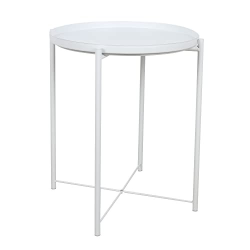 ZOES HOMEWARE Round Metal Tray Side Table for Small Spaces End Tables Living Room Sofa Side Table with Round Removable Tray for Living Room Bedroom Balcony and Office White