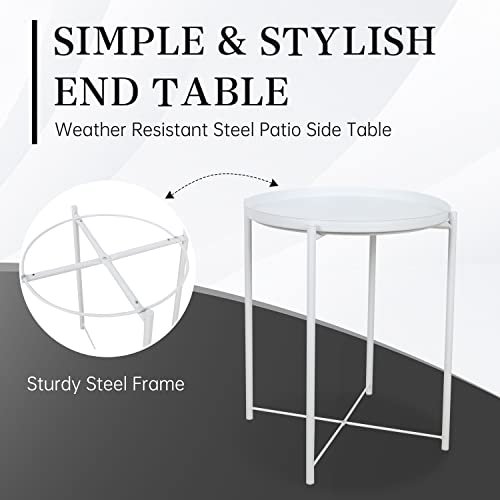 ZOES HOMEWARE Round Metal Tray Side Table for Small Spaces End Tables Living Room Sofa Side Table with Round Removable Tray for Living Room Bedroom Balcony and Office White