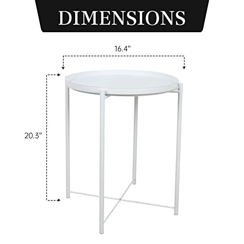 ZOES HOMEWARE Round Metal Tray Side Table for Small Spaces End Tables Living Room Sofa Side Table with Round Removable Tray for Living Room Bedroom Balcony and Office White