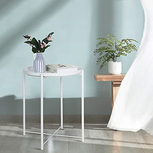 ZOES HOMEWARE Round Metal Tray Side Table for Small Spaces End Tables Living Room Sofa Side Table with Round Removable Tray for Living Room Bedroom Balcony and Office White