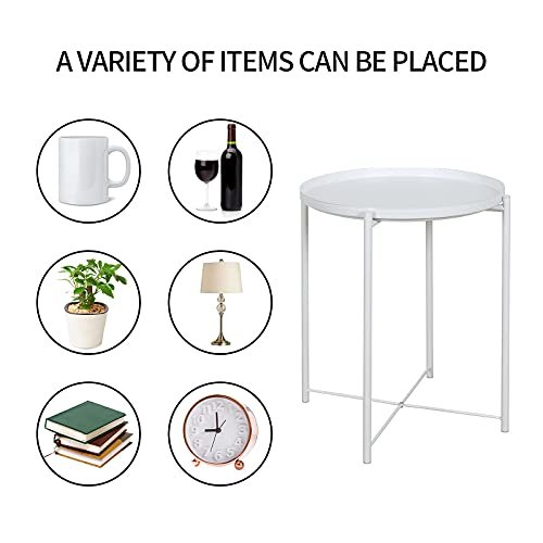 ZOES HOMEWARE Round Metal Tray Side Table for Small Spaces End Tables Living Room Sofa Side Table with Round Removable Tray for Living Room Bedroom Balcony and Office White