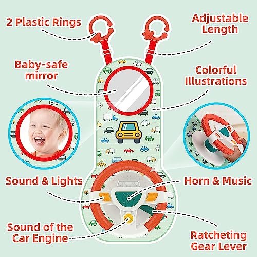 Soofam Baby Car Seat Toys for Infants with Mirror, Carseat Toys Steering Wheel with Music Lights and Driving Sounds, Travel Car Seat Toy for Infants Babies 6 to 12 Months