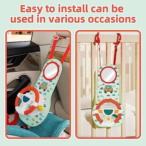 Soofam Baby Car Seat Toys for Infants with Mirror, Carseat Toys Steering Wheel with Music Lights and Driving Sounds, Travel Car Seat Toy for Infants Babies 6 to 12 Months