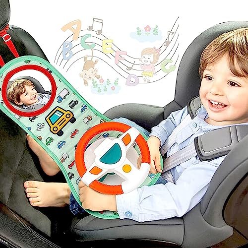 Soofam Baby Car Seat Toys for Infants with Mirror, Carseat Toys Steering Wheel with Music Lights and Driving Sounds, Travel Car Seat Toy for Infants Babies 6 to 12 Months