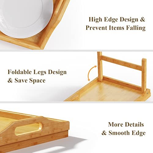 Easoger 2 Pack Bed Trays for Eating, 16.92 x 12.6 Inch Bed Table Tray with Folding Legs, Bamboo Breakfast in Bed Tray, Food Trays Fits for Adult Kids Eating Snack and Laptops TV