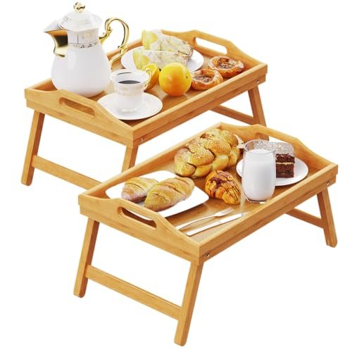 Easoger 2 Pack Bed Trays for Eating, 16.92 x 12.6 Inch Bed Table Tray with Folding Legs, Bamboo Breakfast in Bed Tray, Food Trays Fits for Adult Kids Eating Snack and Laptops TV