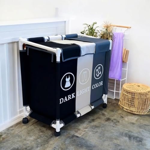 سلة غسيل BUNCA بثلاث أقسام مع عجلات دوارة وغطاء مقاوم للغبار – عربة فرز الغسيل للمنزل والحمام 64×35×60 سم (رمادي غامق X بيج X اسود (رموز انجليزي))