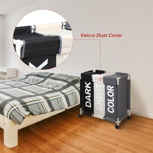 سلة غسيل BUNCA بثلاث أقسام مع عجلات دوارة وغطاء مقاوم للغبار – عربة فرز الغسيل للمنزل والحمام 64×35×60 سم (رمادي غامق X بيج X اسود (رموز انجليزي))