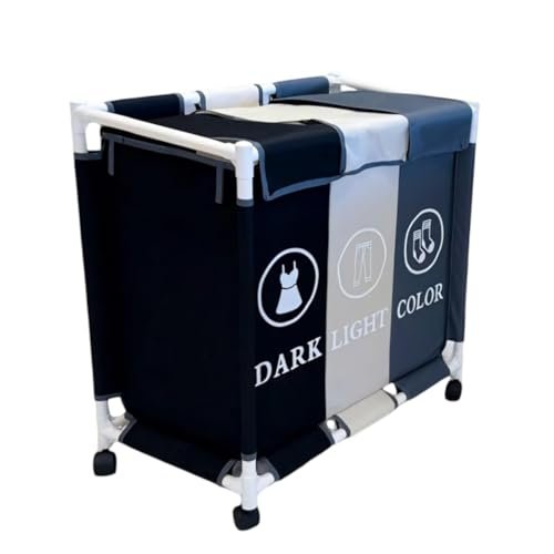 سلة غسيل BUNCA بثلاث أقسام مع عجلات دوارة وغطاء مقاوم للغبار – عربة فرز الغسيل للمنزل والحمام 64×35×60 سم (رمادي غامق X بيج X اسود (رموز انجليزي))