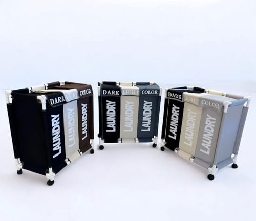 سلة غسيل BUNCA بثلاث أقسام مع عجلات دوارة وغطاء مقاوم للغبار – عربة فرز الغسيل للمنزل والحمام 64×35×60 سم (رمادي غامق X بيج X اسود (انجليزي))