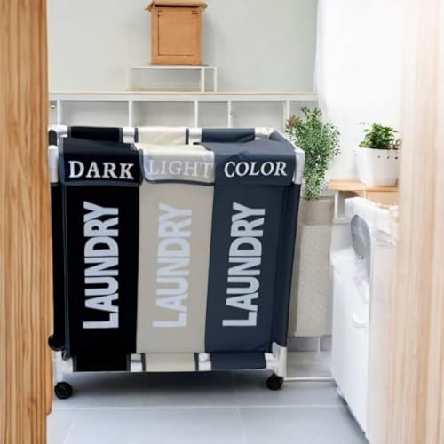 سلة غسيل BUNCA بثلاث أقسام مع عجلات دوارة وغطاء مقاوم للغبار – عربة فرز الغسيل للمنزل والحمام 64×35×60 سم (رمادي غامق X بيج X اسود (انجليزي))