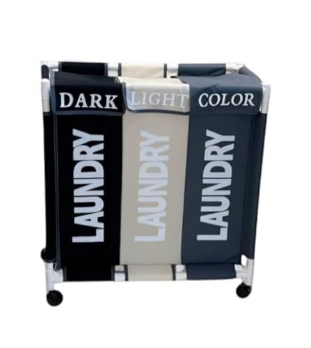 سلة غسيل BUNCA بثلاث أقسام مع عجلات دوارة وغطاء مقاوم للغبار – عربة فرز الغسيل للمنزل والحمام 64×35×60 سم (رمادي غامق X بيج X اسود (انجليزي))