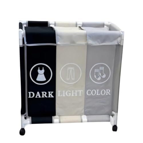 سلة غسيل BUNCA بثلاث أقسام مع عجلات دوارة وغطاء مقاوم للغبار – عربة فرز الغسيل للمنزل والحمام 64×35×60 سم (رمادي X بيج X اسود (رموز انجليزي))