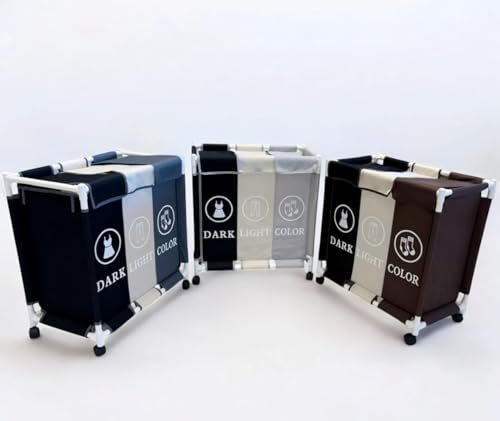 سلة غسيل BUNCA بثلاث أقسام مع عجلات دوارة وغطاء مقاوم للغبار – عربة فرز الغسيل للمنزل والحمام 64×35×60 سم (رمادي X بيج X اسود (رموز انجليزي))