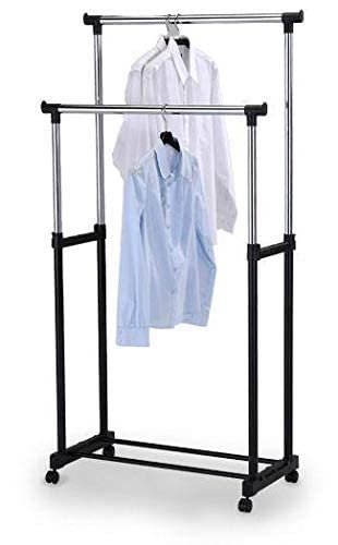 Double pole Clothes portable Rack Hanger Extendable Rolling Garments