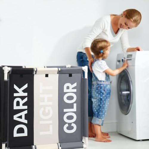 سلة غسيل BUNCA بثلاث أقسام مع عجلات دوارة وغطاء مقاوم للغبار – عربة فرز الغسيل للمنزل والحمام 64×35×60 سم (رمادي غامق X بيج X اسود (كتابة عربي))