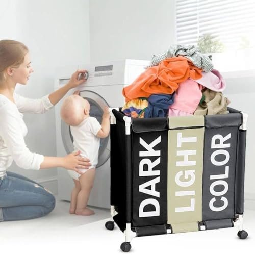 سلة غسيل BUNCA بثلاث أقسام مع عجلات دوارة وغطاء مقاوم للغبار – عربة فرز الغسيل للمنزل والحمام 64×35×60 سم (رمادي X بيج X اسود (كتابة عربي))