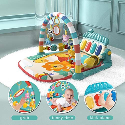 Pansy Baby Play Mat Baby Gym, Tummy Time Baby Activity Gym Mat with 5 Sensory Baby Toys for Newborn Toddler Infants (Blue)