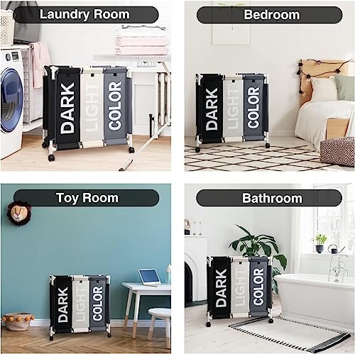 سلة غسيل BUNCA بثلاث أقسام مع عجلات دوارة وغطاء مقاوم للغبار – عربة فرز الغسيل للمنزل والحمام 64×35×60 سم (بني X بيج X اسود (كتابة عربي))