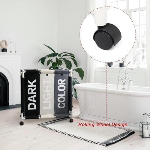 سلة غسيل BUNCA بثلاث أقسام مع عجلات دوارة وغطاء مقاوم للغبار – عربة فرز الغسيل للمنزل والحمام 64×35×60 سم (رمادي X بيج X اسود (انجليزي))