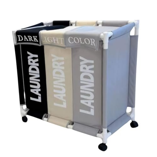 سلة غسيل BUNCA بثلاث أقسام مع عجلات دوارة وغطاء مقاوم للغبار – عربة فرز الغسيل للمنزل والحمام 64×35×60 سم (رمادي X بيج X اسود (انجليزي))