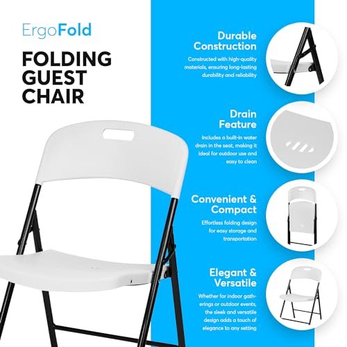 Oline Folding Chair, Indoor Outdoor Plastic Commercial Stackable Foldable Guest Chairs for Events Office Wedding Party Picnic Kitchen Dining, 350lb Capacity (White, 1 Pack)