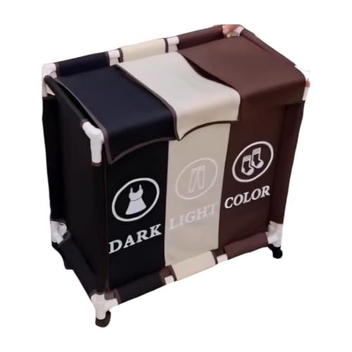 سلة غسيل BUNCA بثلاث أقسام مع عجلات دوارة وغطاء مقاوم للغبار – عربة فرز الغسيل للمنزل والحمام 64×35×60 سم (بني X بيج X اسود (رموز انجليزي))