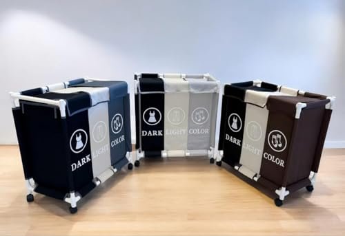 سلة غسيل BUNCA بثلاث أقسام مع عجلات دوارة وغطاء مقاوم للغبار – عربة فرز الغسيل للمنزل والحمام 64×35×60 سم (بني X بيج X اسود (رموز انجليزي))