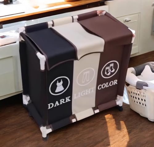 سلة غسيل BUNCA بثلاث أقسام مع عجلات دوارة وغطاء مقاوم للغبار – عربة فرز الغسيل للمنزل والحمام 64×35×60 سم (بني X بيج X اسود (رموز انجليزي))