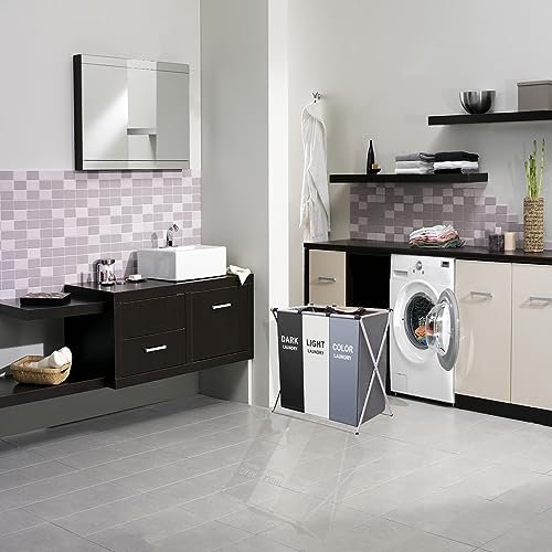 COSDACE Laundry Basket,Upgraded 136L Laundry Hamper 3 Sections Laundry Bin Sorter, Waterproof & Foldable Washing Storage Bag for Dirty Clothes Toys Towel in Bathroom Bedroom Organization