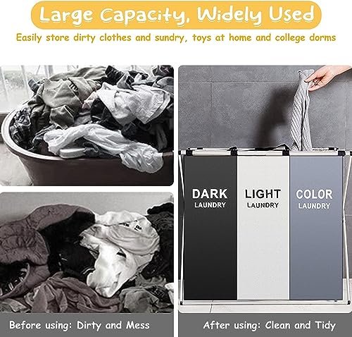 COSDACE Laundry Basket,Upgraded 136L Laundry Hamper 3 Sections Laundry Bin Sorter, Waterproof & Foldable Washing Storage Bag for Dirty Clothes Toys Towel in Bathroom Bedroom Organization