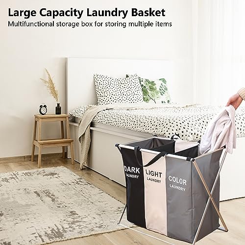 COSDACE Laundry Basket,Upgraded 136L Laundry Hamper 3 Sections Laundry Bin Sorter, Waterproof & Foldable Washing Storage Bag for Dirty Clothes Toys Towel in Bathroom Bedroom Organization
