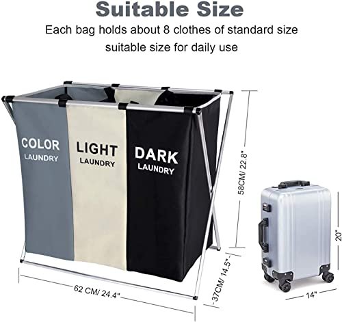 GGEROU SHOWAY Laundry Basket Clothes Hamper 135L 3 Sections Clothe Sorter Bin,Foldable Waterproof Organizer Bag with Aluminum Frame,Washing Storage, black/white/Grey, LC-DCB-3S, Large