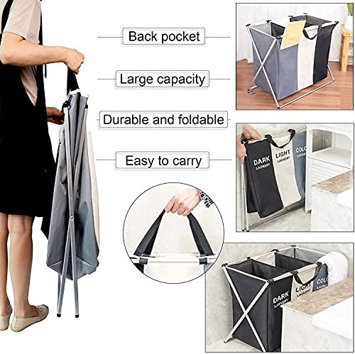 GGEROU SHOWAY Laundry Basket Clothes Hamper 135L 3 Sections Clothe Sorter Bin,Foldable Waterproof Organizer Bag with Aluminum Frame,Washing Storage, black/white/Grey, LC-DCB-3S, Large