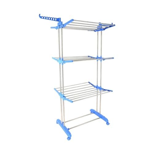 Cuisine Art 3-Tier Folding Cloth Drying Rack, Folding Clothes Rail Of Clothes Hanger, Adjustable Stainless Steel Rail with Two Side Foldable Wings for Indoor and Outdoor Use, Blue
