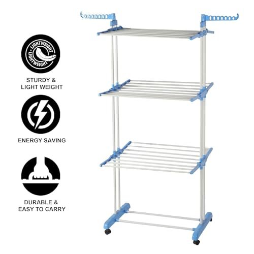 Cuisine Art 3-Tier Folding Cloth Drying Rack, Folding Clothes Rail Of Clothes Hanger, Adjustable Stainless Steel Rail with Two Side Foldable Wings for Indoor and Outdoor Use, Blue